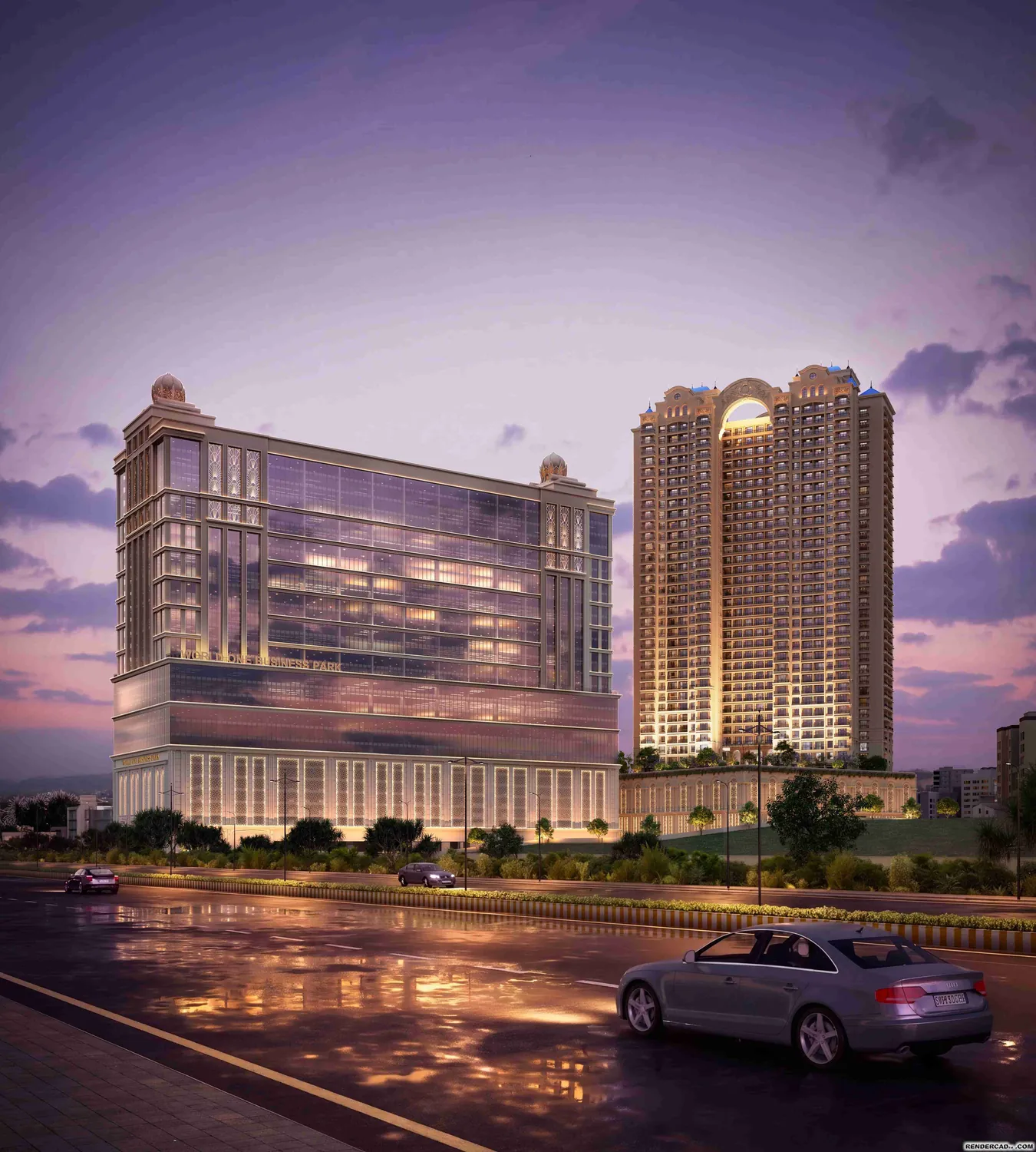 Sai World One's residential tower and World One Business Park lit along the road at night