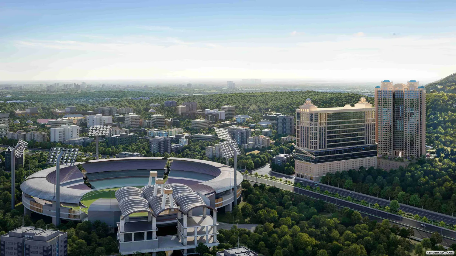 Daytime aerial of Sai World One beside D.Y. Patil Stadium, with the hills of Navi Mumbai beyond