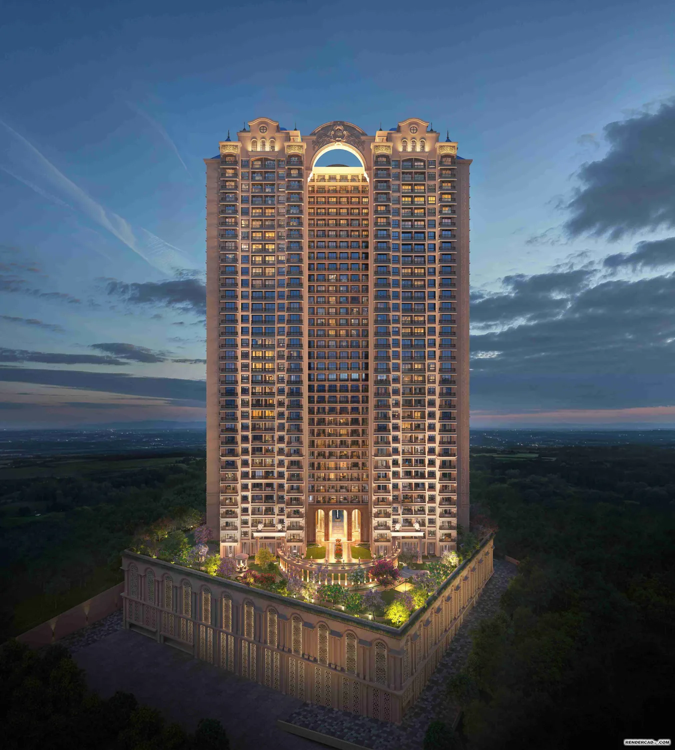 The twin-crowned Sai World One tower lit against the last blue of the evening sky