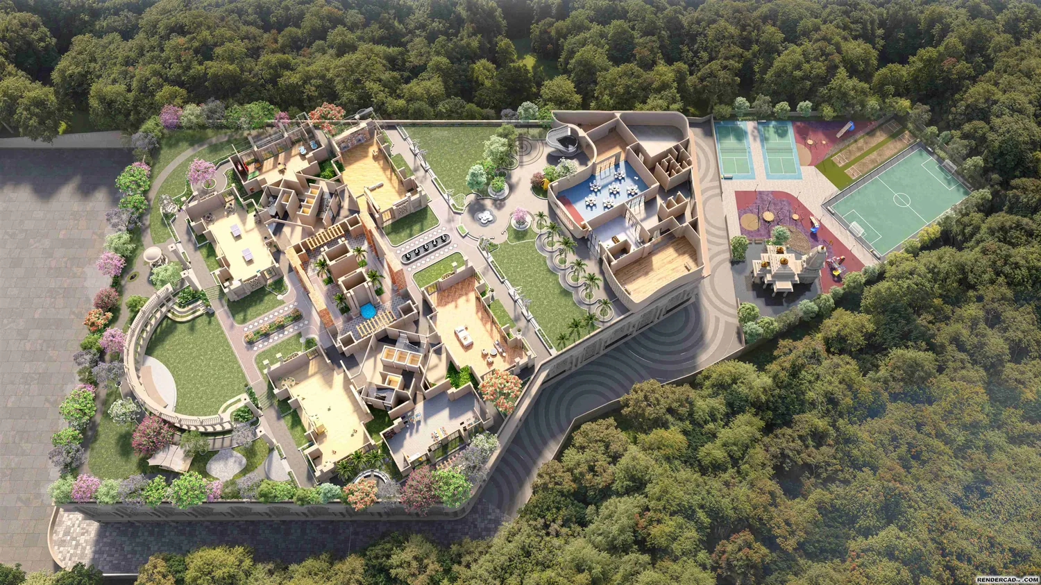 Aerial view of the clubhouse podium — pool deck, lawns and sports courts ringed by forest