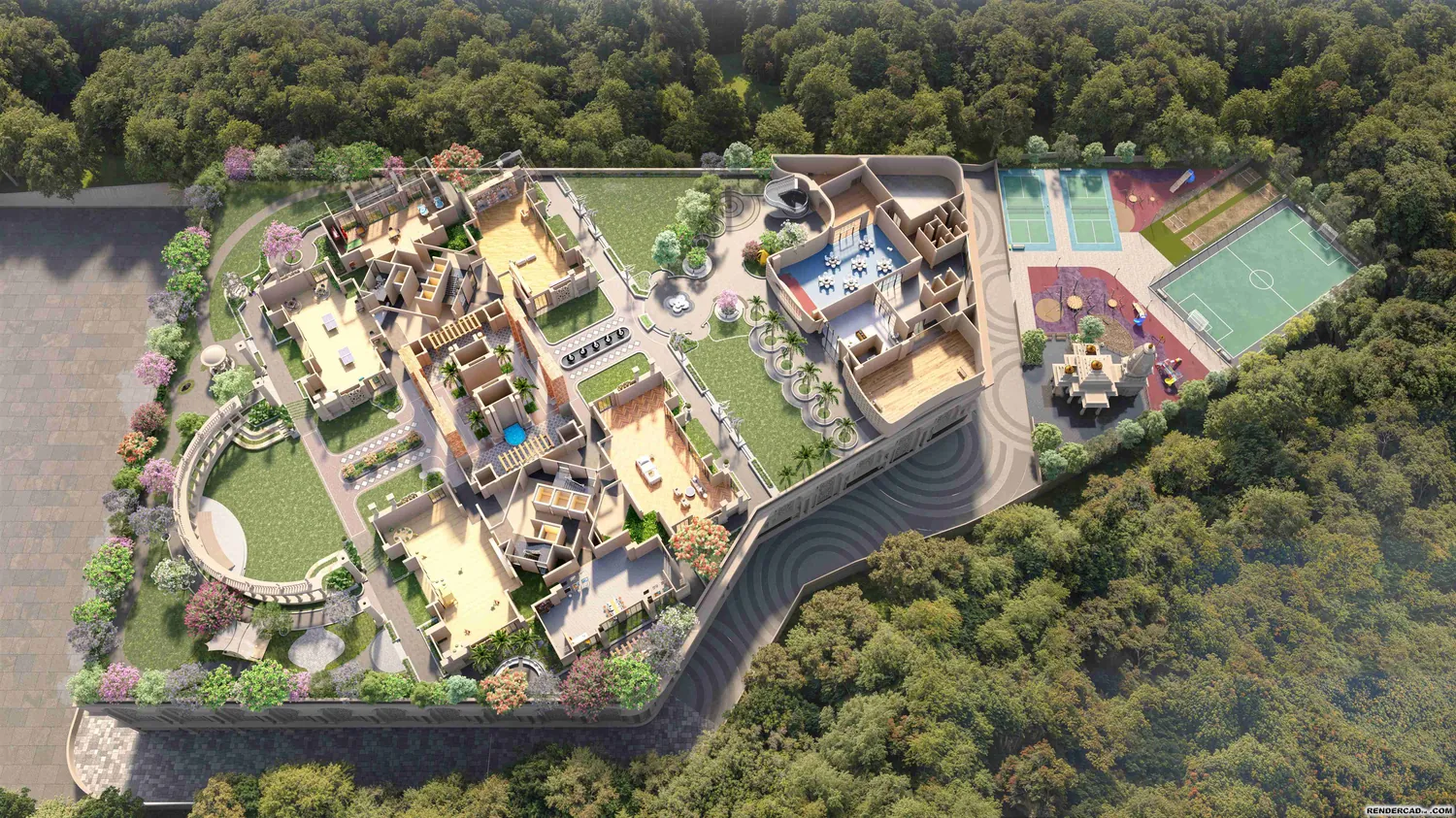 The amenity podium from above: clubhouse, gardens, tennis and multi-sport courts within the green hillside