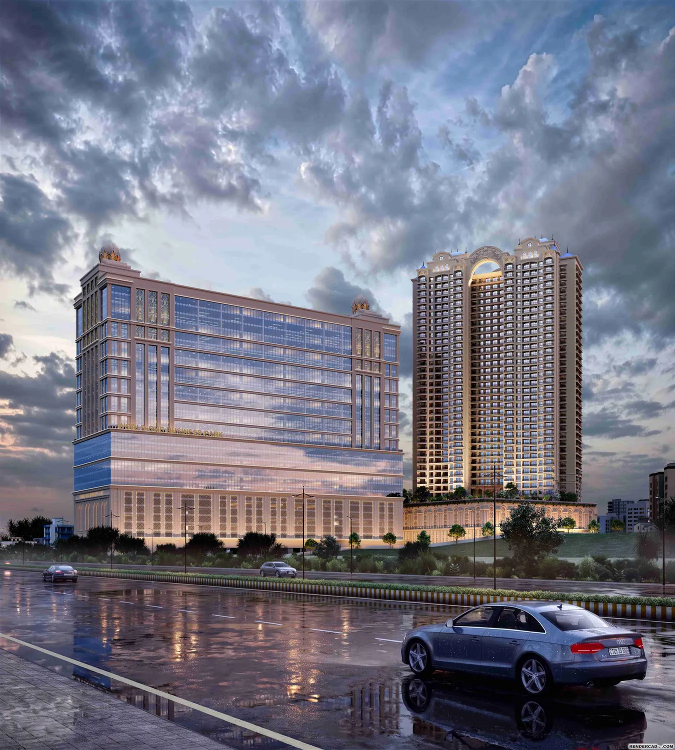World One Business Park and the Sai World One tower seen from Thane-Belapur Road at dusk