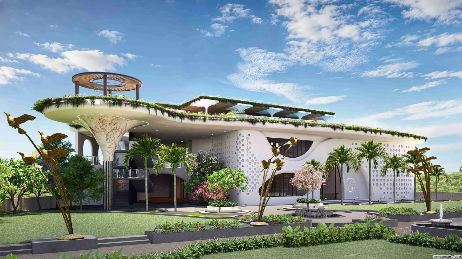 Club One's sculptural clubhouse by day, its curved planted canopy resting on slender columns