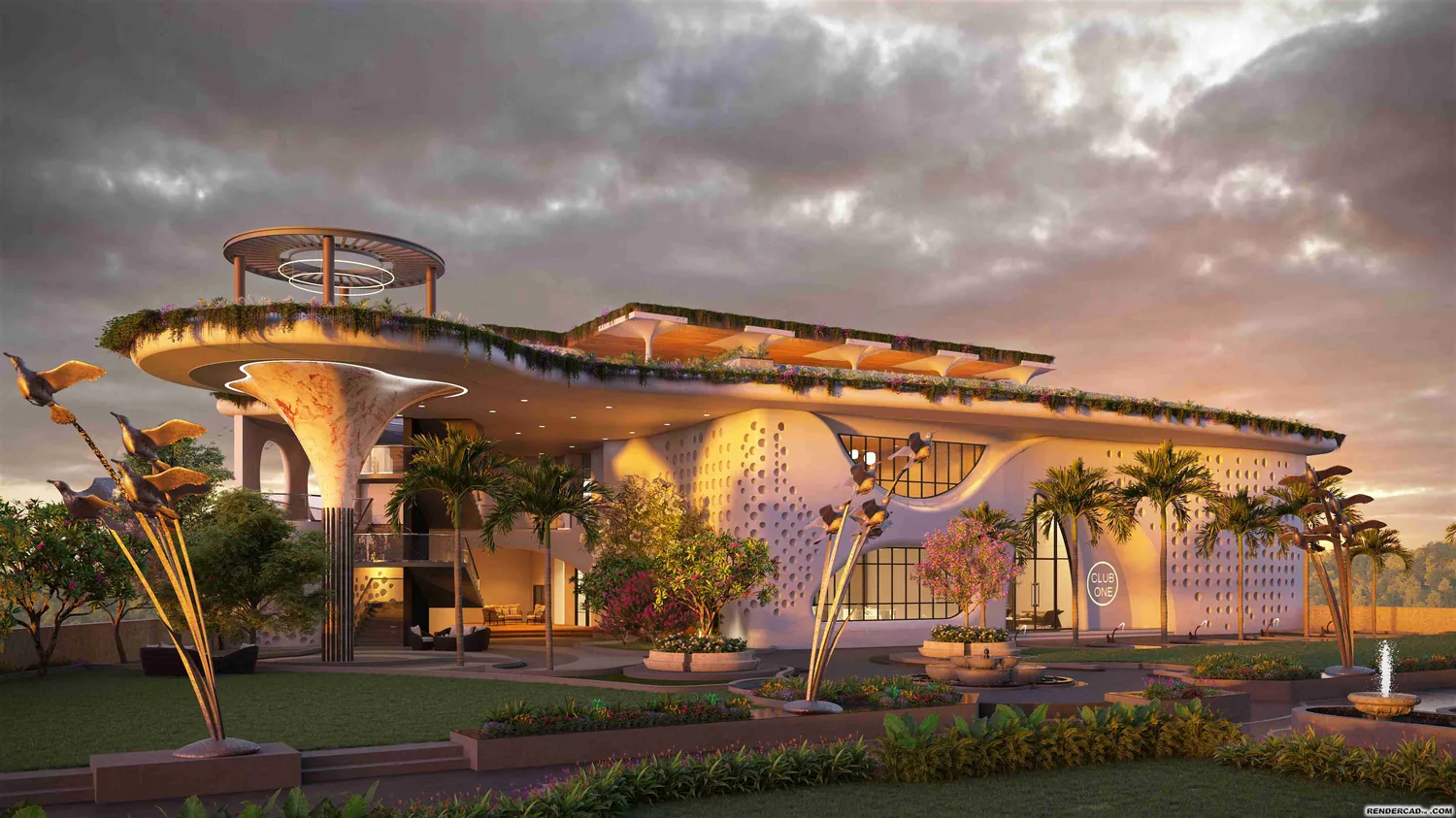 Club One's clubhouse at sunset, the perforated façade and planted roof glowing against the sky