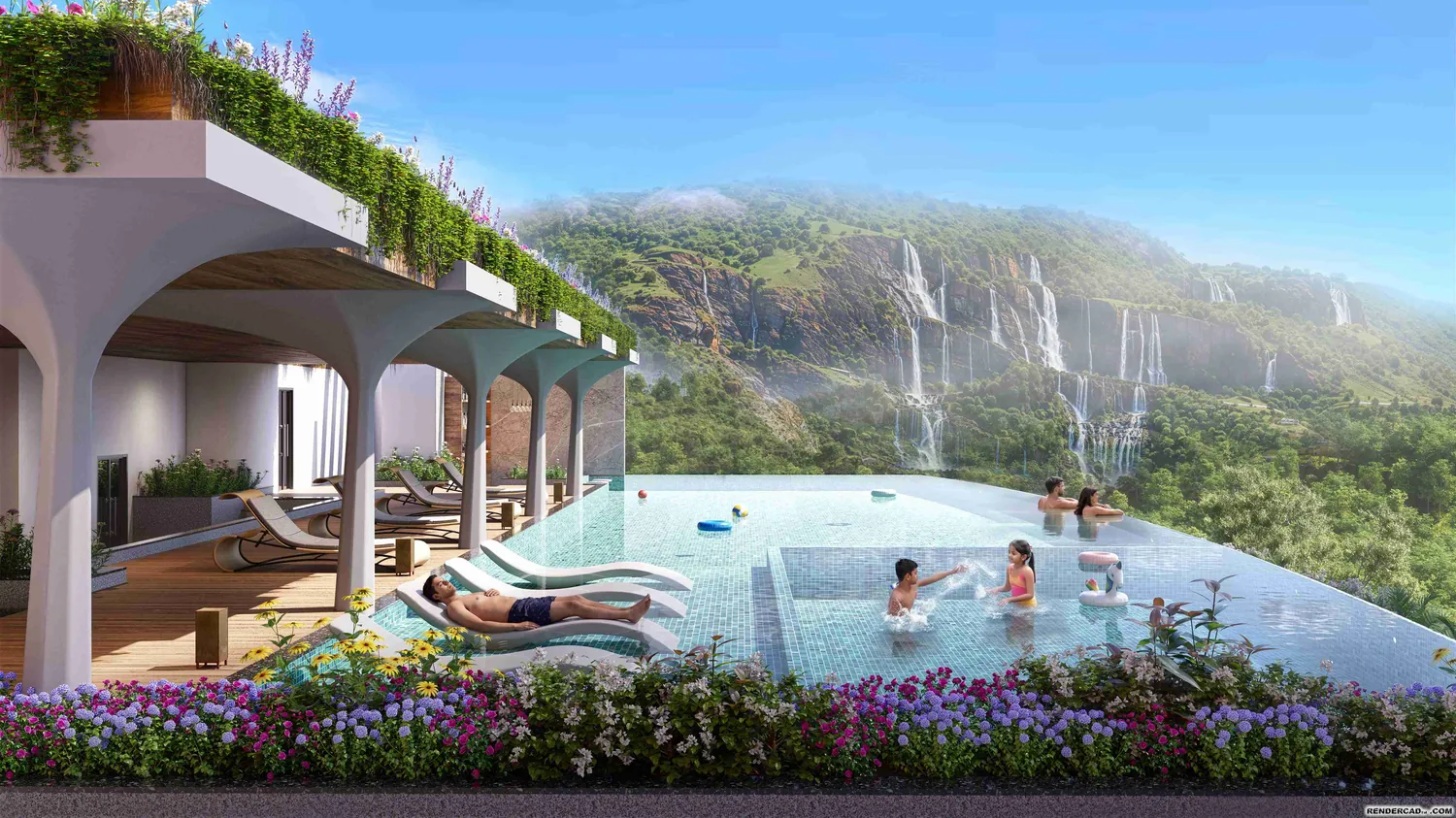 Swimmers in the infinity-edge club-roof pool, with waterfalls cascading down the green hills beyond