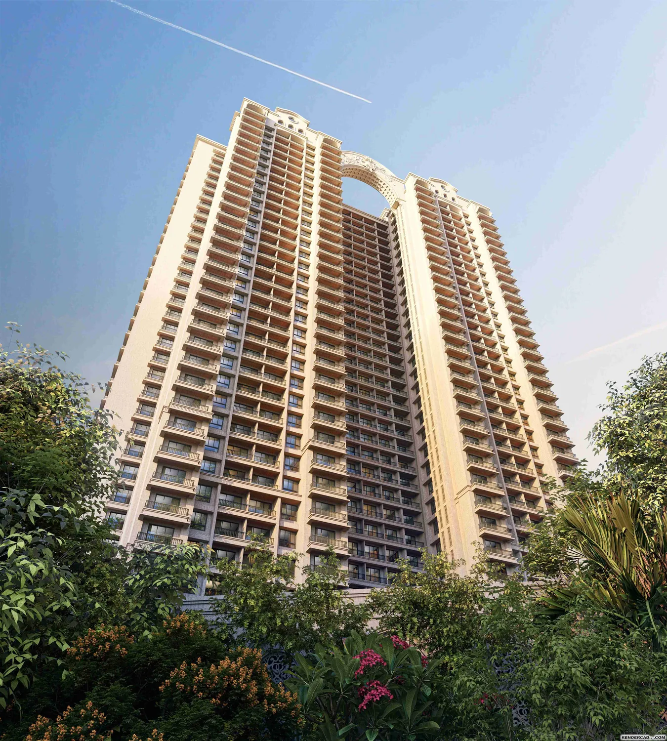The Sai World One tower seen from the podium garden, its arched crown rising against a clear sky