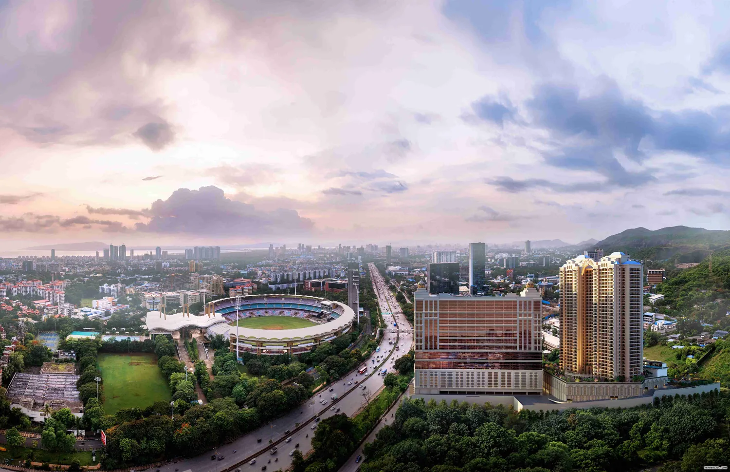 Sai World One in its Nerul setting — D.Y. Patil Stadium, the Sion-Panvel Highway and the Navi Mumbai skyline