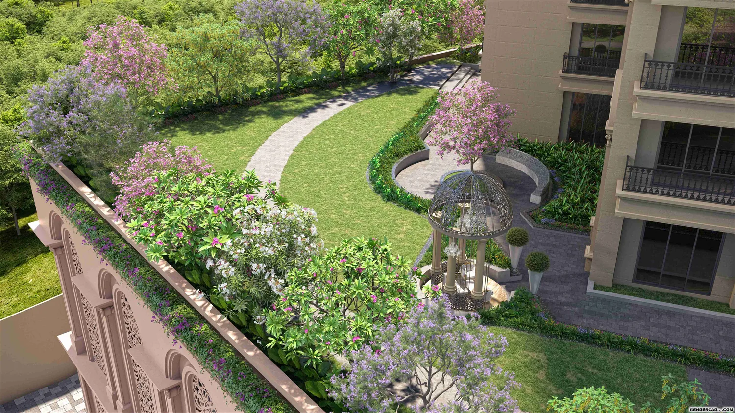 A garden walk and gazebo on the landscaped podium, above the arcaded boundary wall