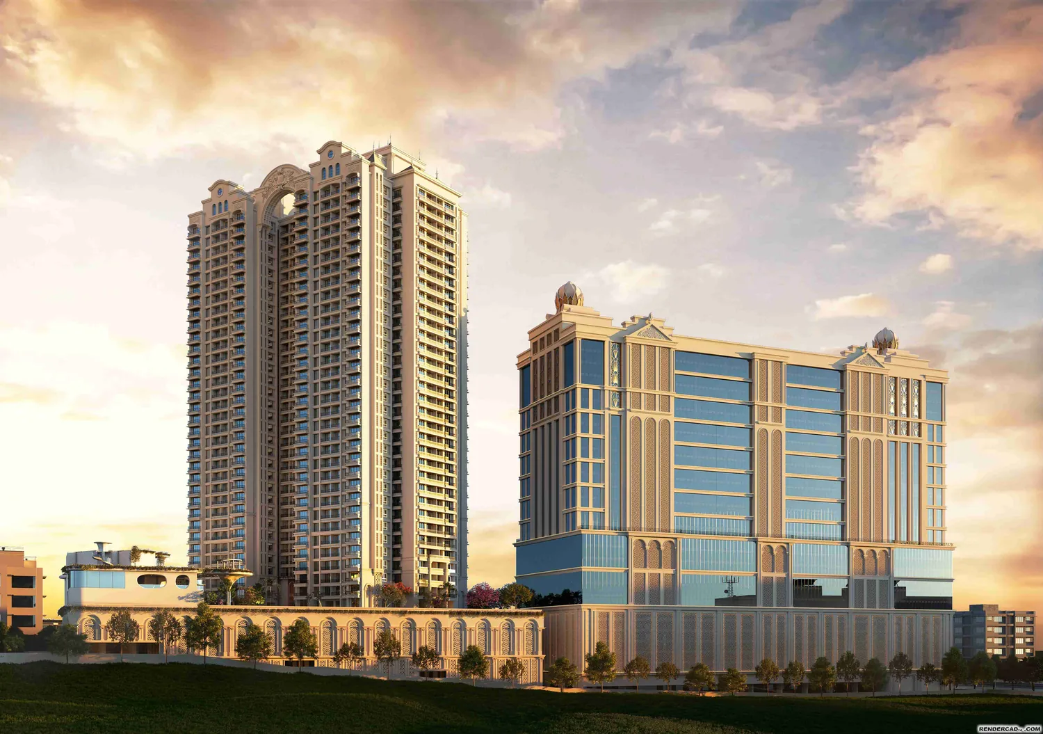 The Sai World One tower and business park at golden hour, above the arcaded podium boundary
