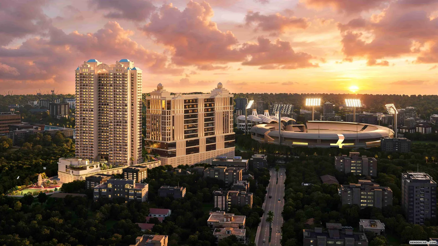 Sai World One rising above the Nerul skyline at sunset, with D.Y. Patil Stadium alongside