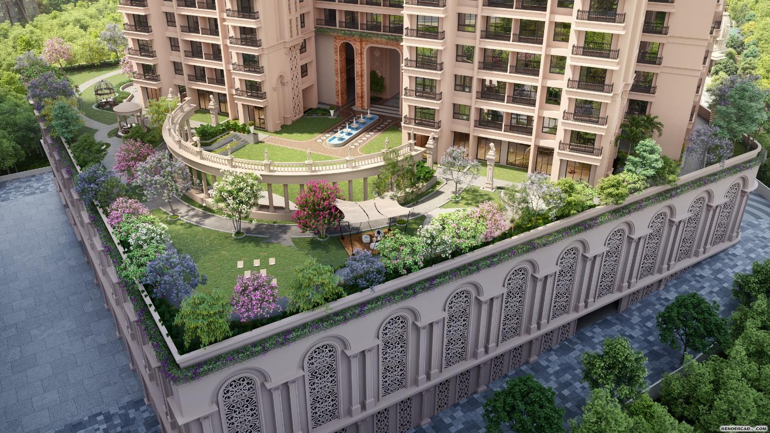 Aerial view of the clubhouse podium garden — colonnaded lawns, fountains and flowering shrubs bordering the tower