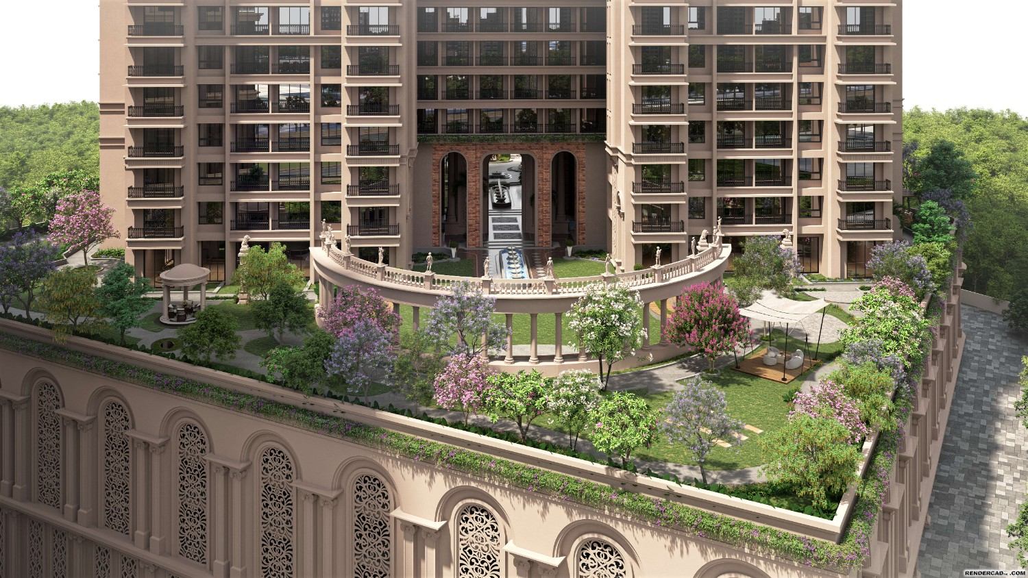 The residential towers framing the podium garden, linked by a colonnade and fountain court below