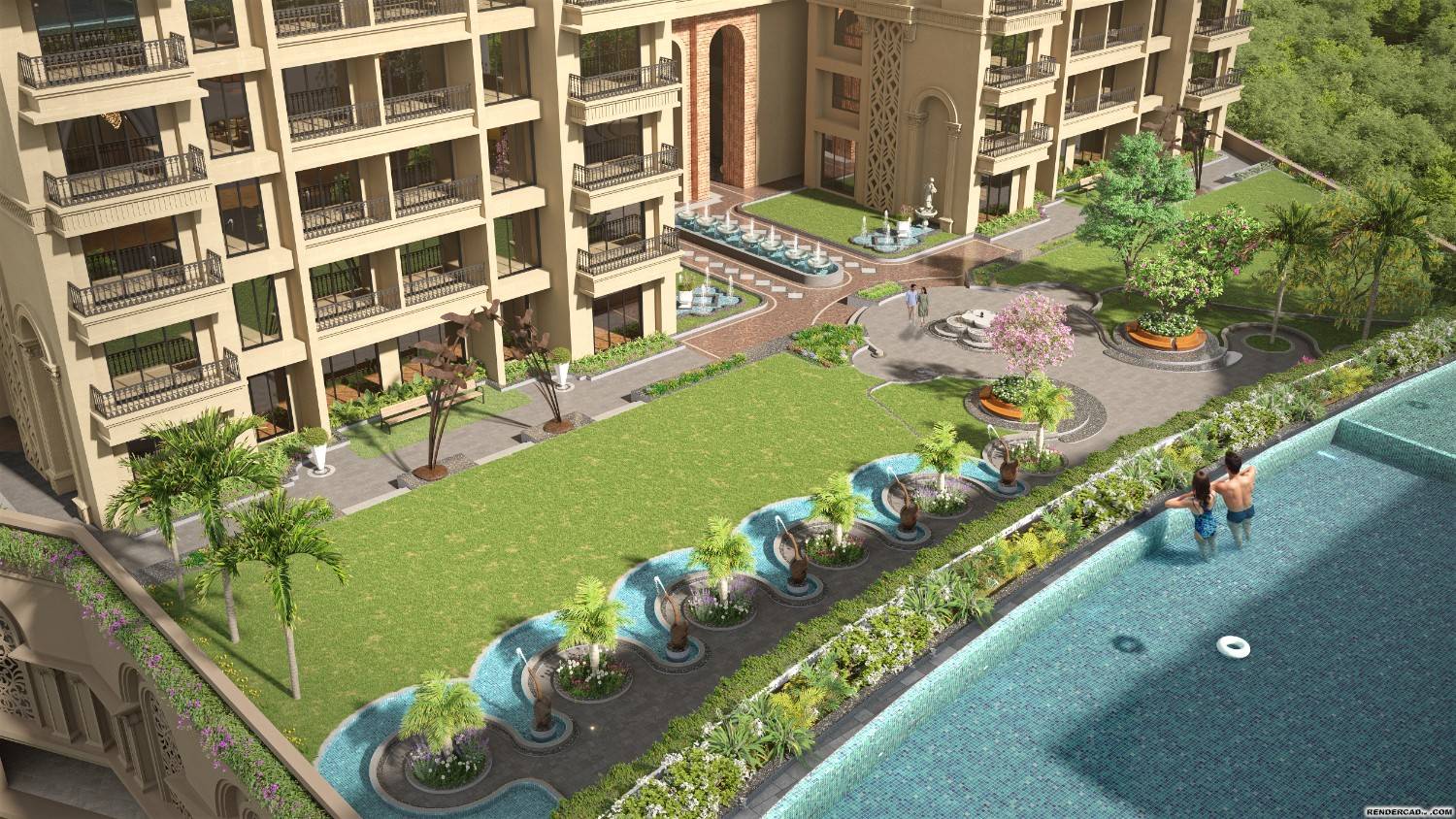 The podium swimming pool bordered by a fountain-lined garden walkway
