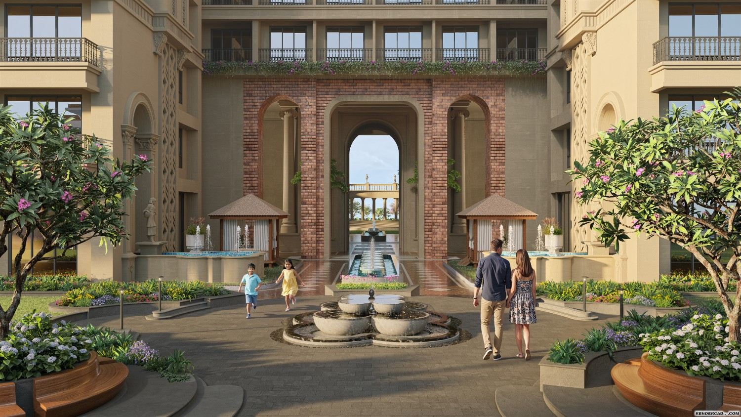Families crossing the brick archway plaza toward the fountain court and clubhouse beyond