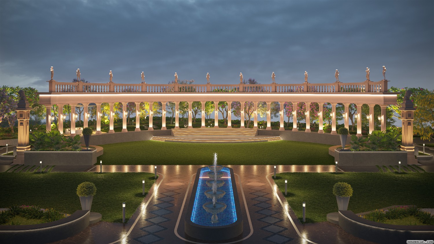 The colonnaded garden amphitheatre lit at dusk, statues lining the balustrade above the fountain