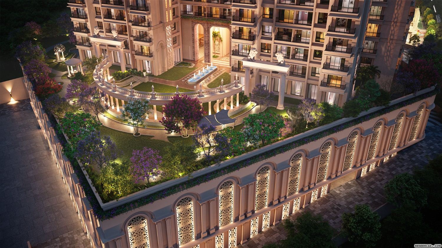 A garden walk and gazebo on the landscaped podium, above the arcaded boundary wall