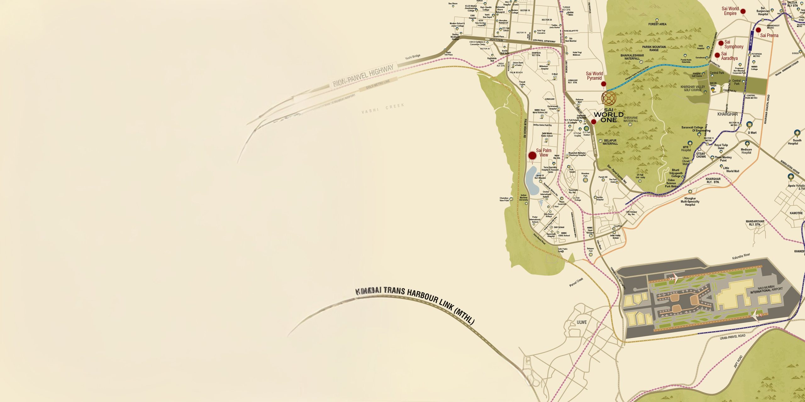 Map of Navi Mumbai locating Sai World One in Nerul beside the Kharghar-Turbhe Link Road, Sion-Panvel Highway, Thane-Belapur Road and Juinagar railway station