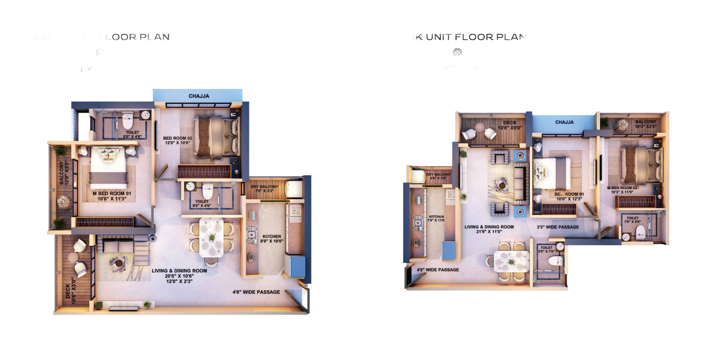 2 BHK unit floor plan, type A: master bedroom with balcony, bedroom 02 with chajja, living and dining room, kitchen with dry balcony, deck and two toilets