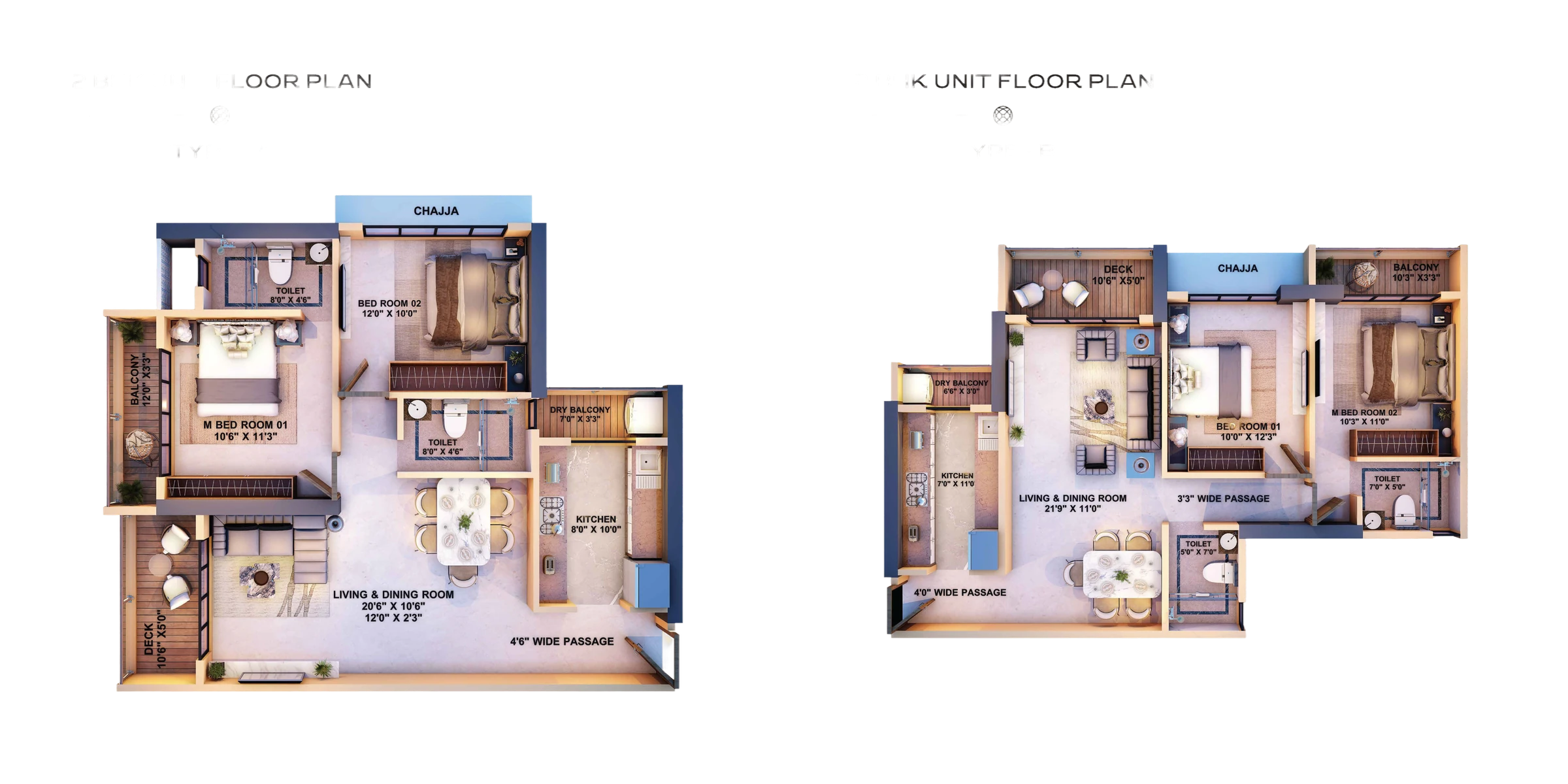 2 BHK unit floor plan, type A: master bedroom with balcony, bedroom 02 with chajja, living and dining room, kitchen with dry balcony, deck and two toilets