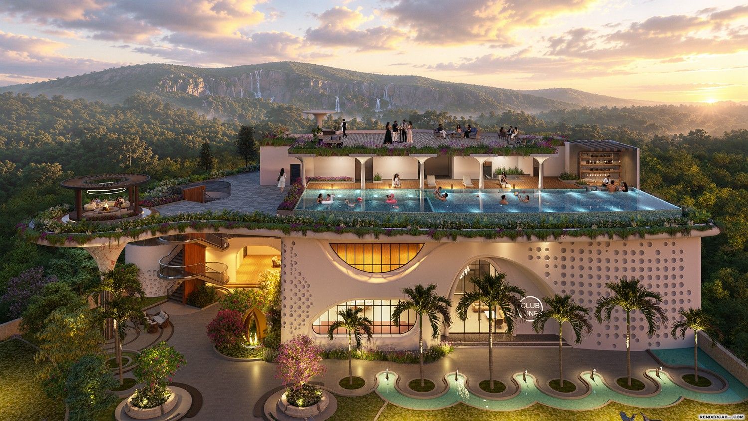 The rooftop infinity pool of Club One at sunset, above the treeline and distant hills